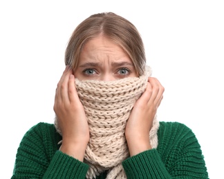 Photo of Young woman suffering from cold on white background