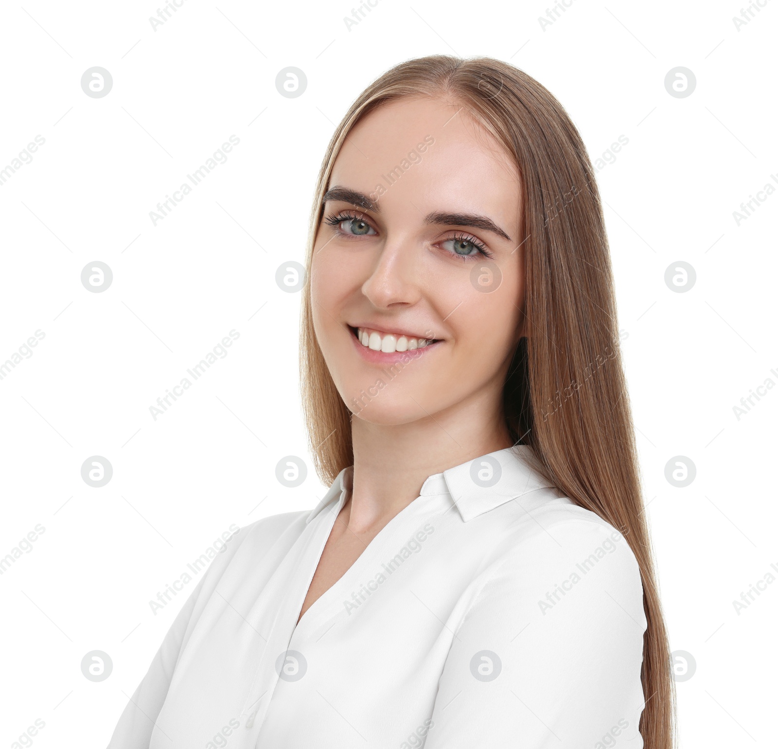 Photo of Portrait of happy young secretary on white background