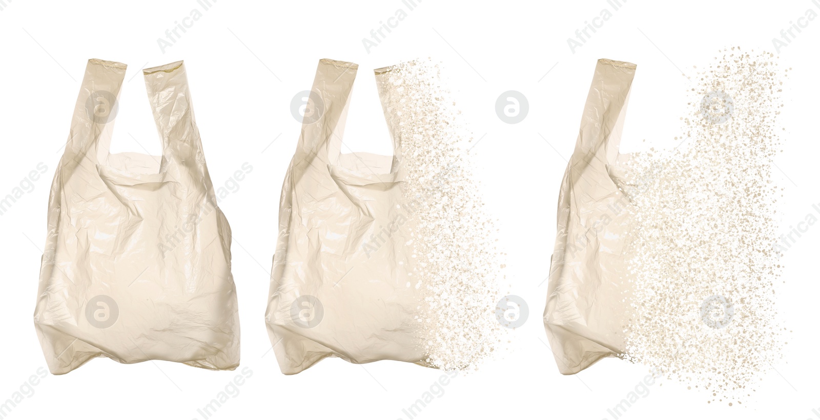 Image of Transparent disposable bag vanishing on white background, set. Plastic decomposition