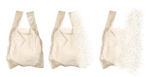 Transparent disposable bag vanishing on white background, set. Plastic decomposition
