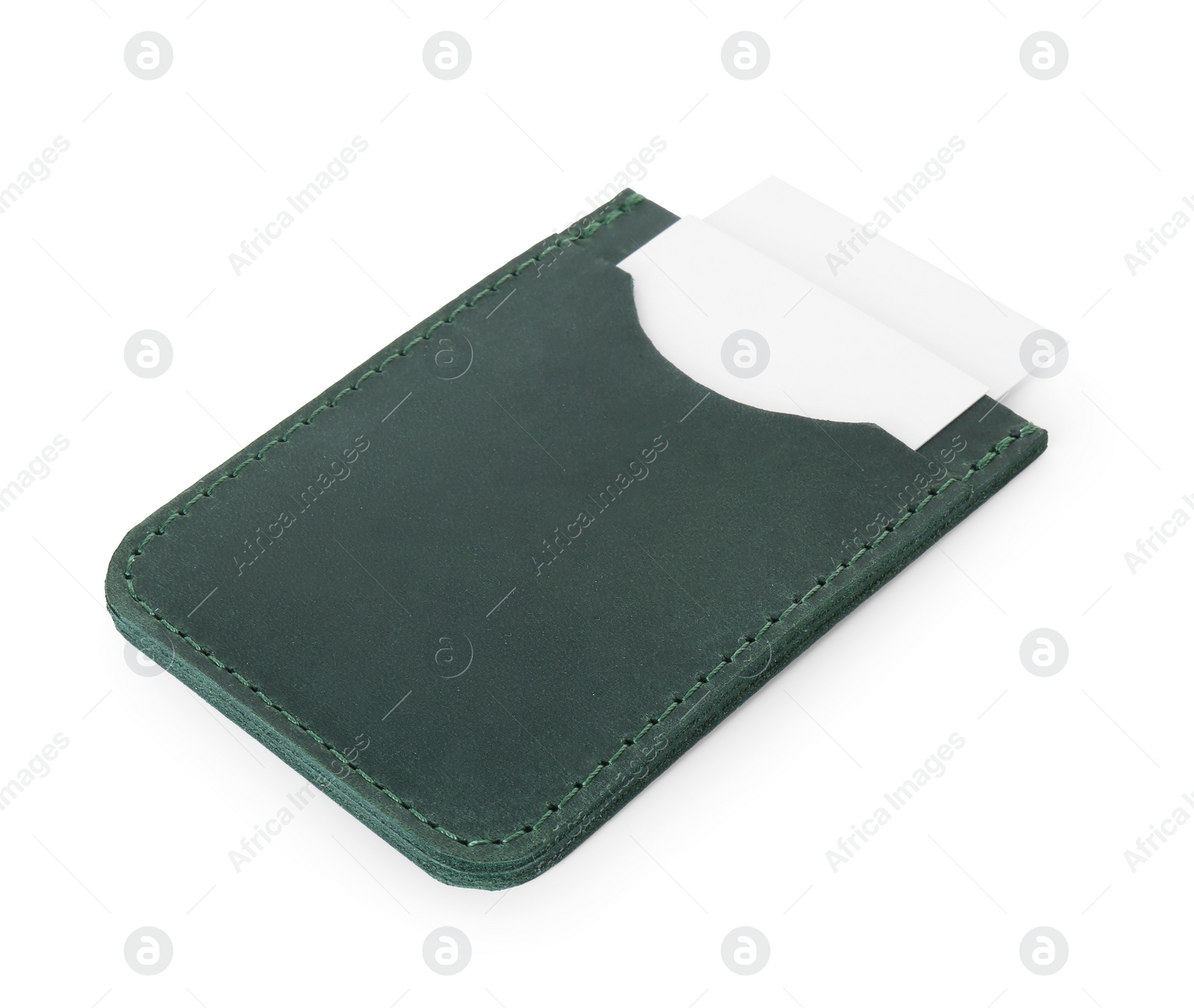 Photo of Leather business card holder with cards isolated on white