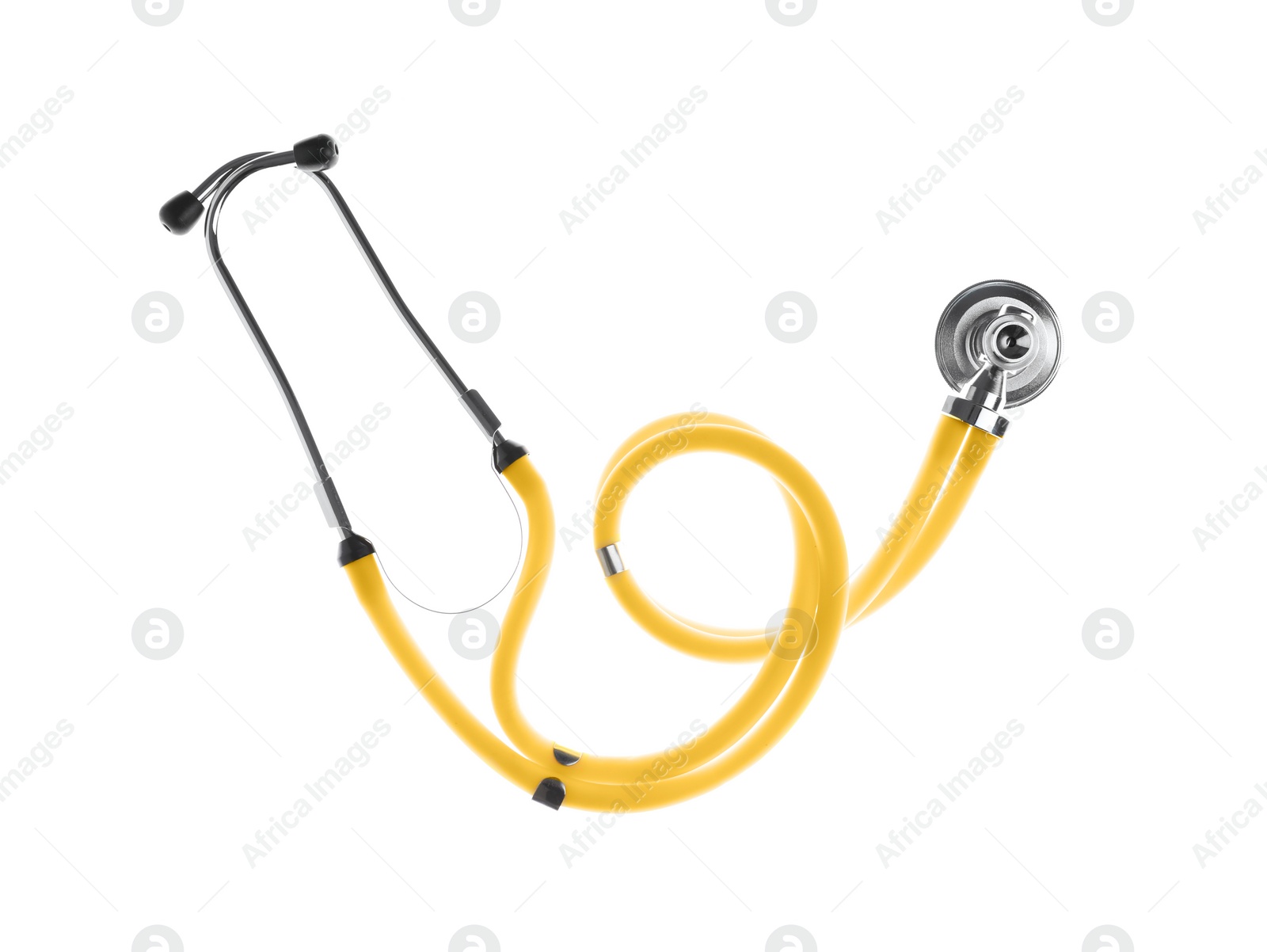 Photo of Stethoscope on white background, top view. Medical device