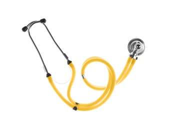 Photo of Stethoscope on white background, top view. Medical device