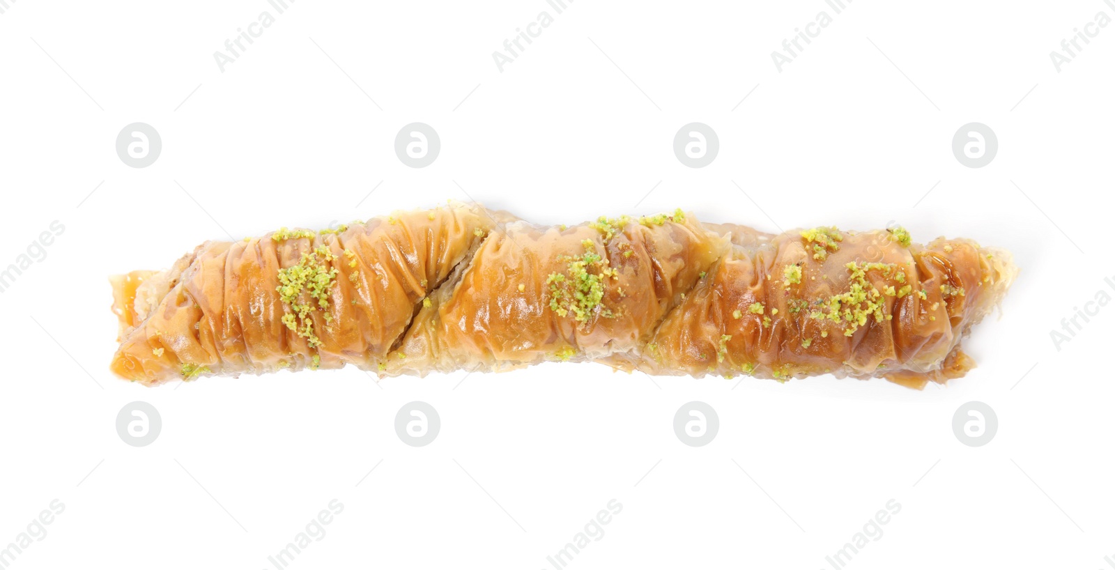 Photo of Delicious sweet baklava isolated on white, top view