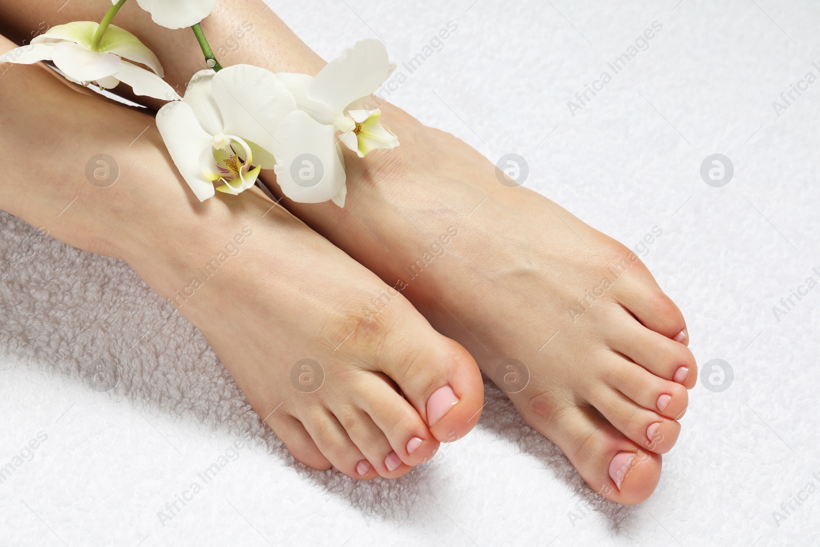 Photo of Woman with neat toenails after pedicure procedure on white terry towel, closeup