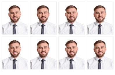 Image of Passport photo, collage. Man on white background, set of photos