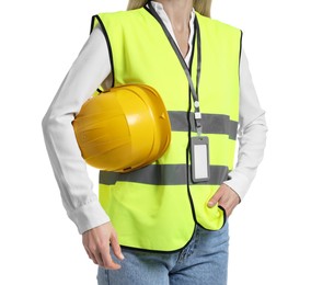 Photo of Engineer with hard hat and badge on white background, closeup