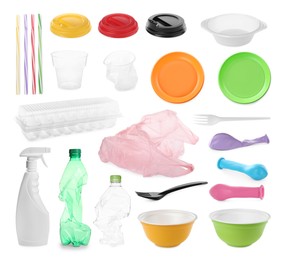 Set with different plastic items on white background