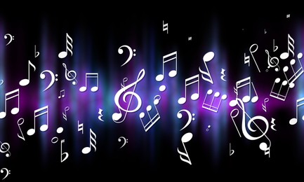 Illustration of Music notes and other musical symbols on black background