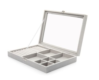 Photo of Open elegant jewelry box isolated on white