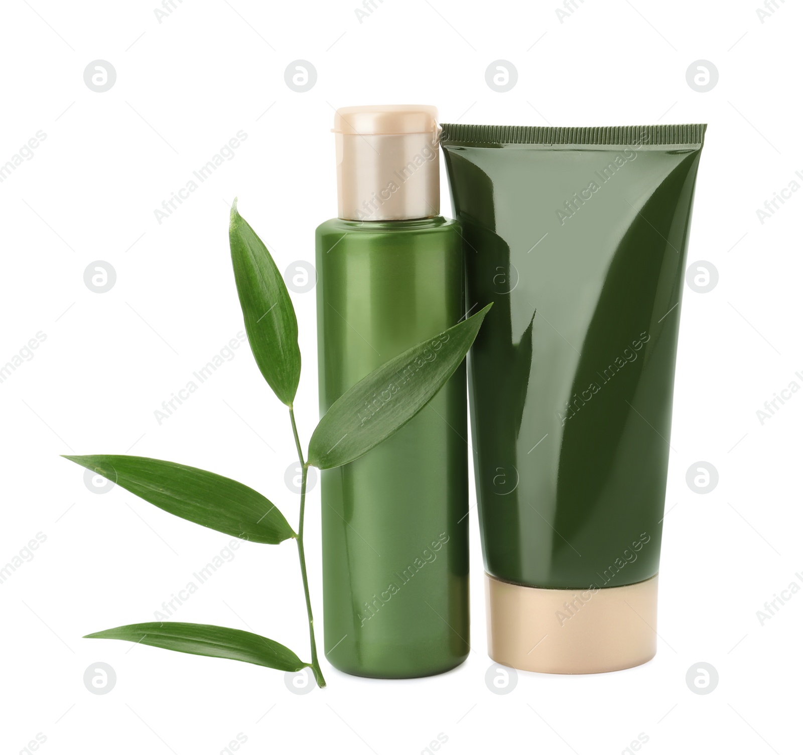 Photo of Cosmetic products and plant isolated on white