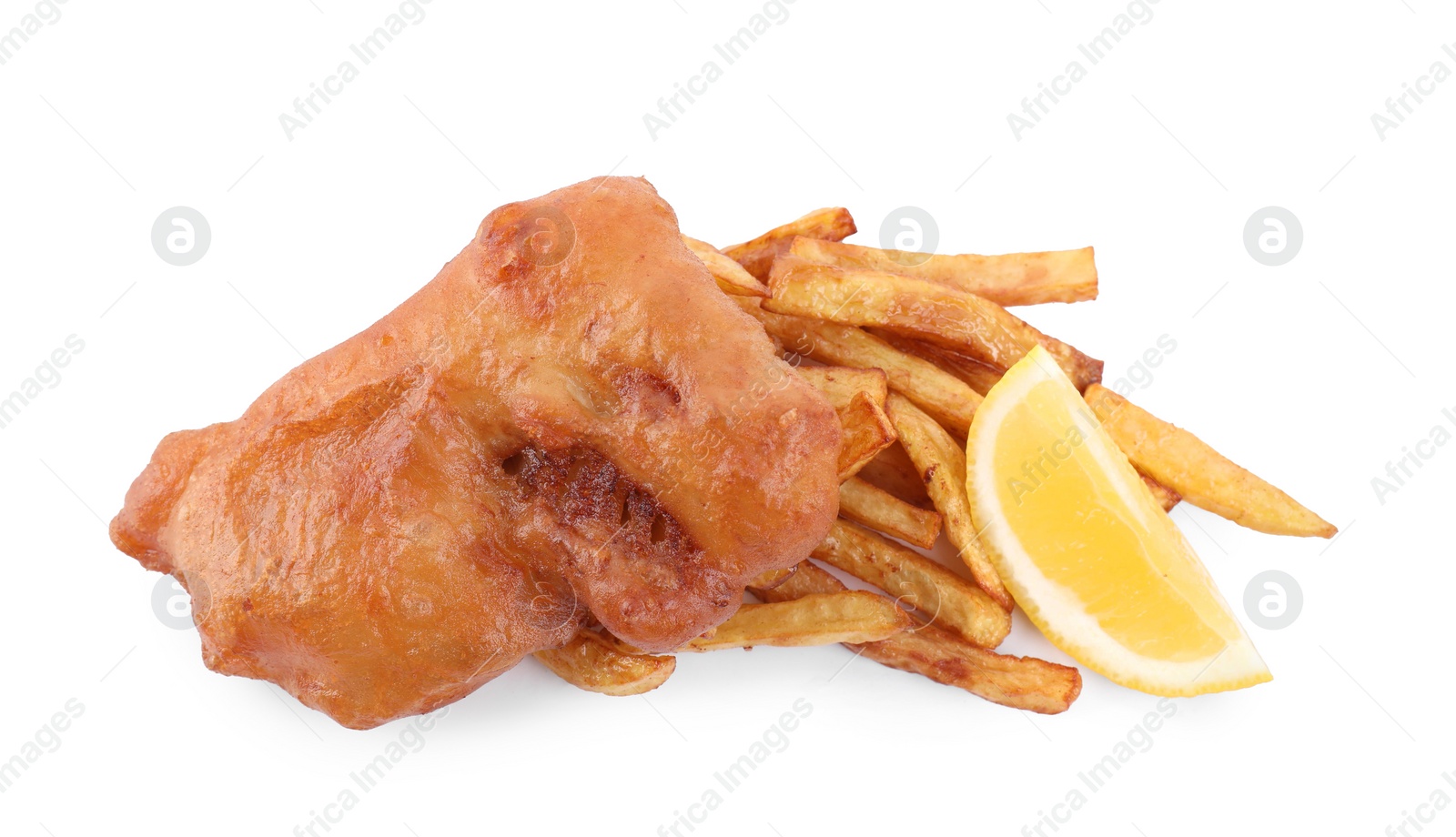 Photo of Tasty fish and chips with lemon isolated on white, top view