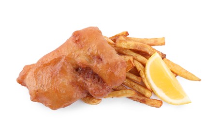 Photo of Tasty fish and chips with lemon isolated on white, top view