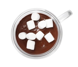 Photo of Glass cup of delicious hot chocolate with marshmallows on white background, top view