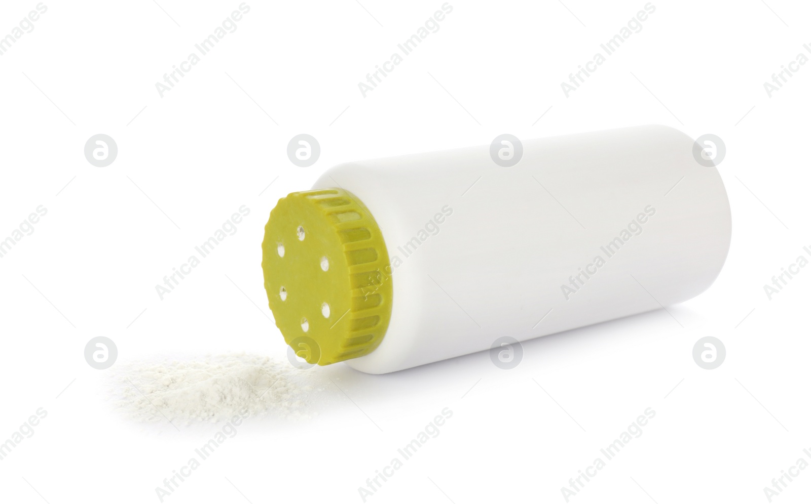 Photo of Bottle and scattered dusting powder on white background. Baby cosmetic product