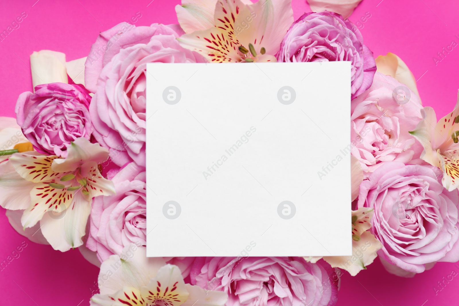 Photo of Empty greeting card with flowers on color background, top view. Space for text