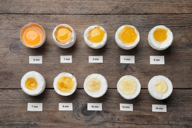 Photo of Different cooking time and readiness stages of boiled chicken eggs on wooden table, flat lay