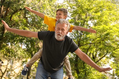 Senior man with his little grandson having fun together in park