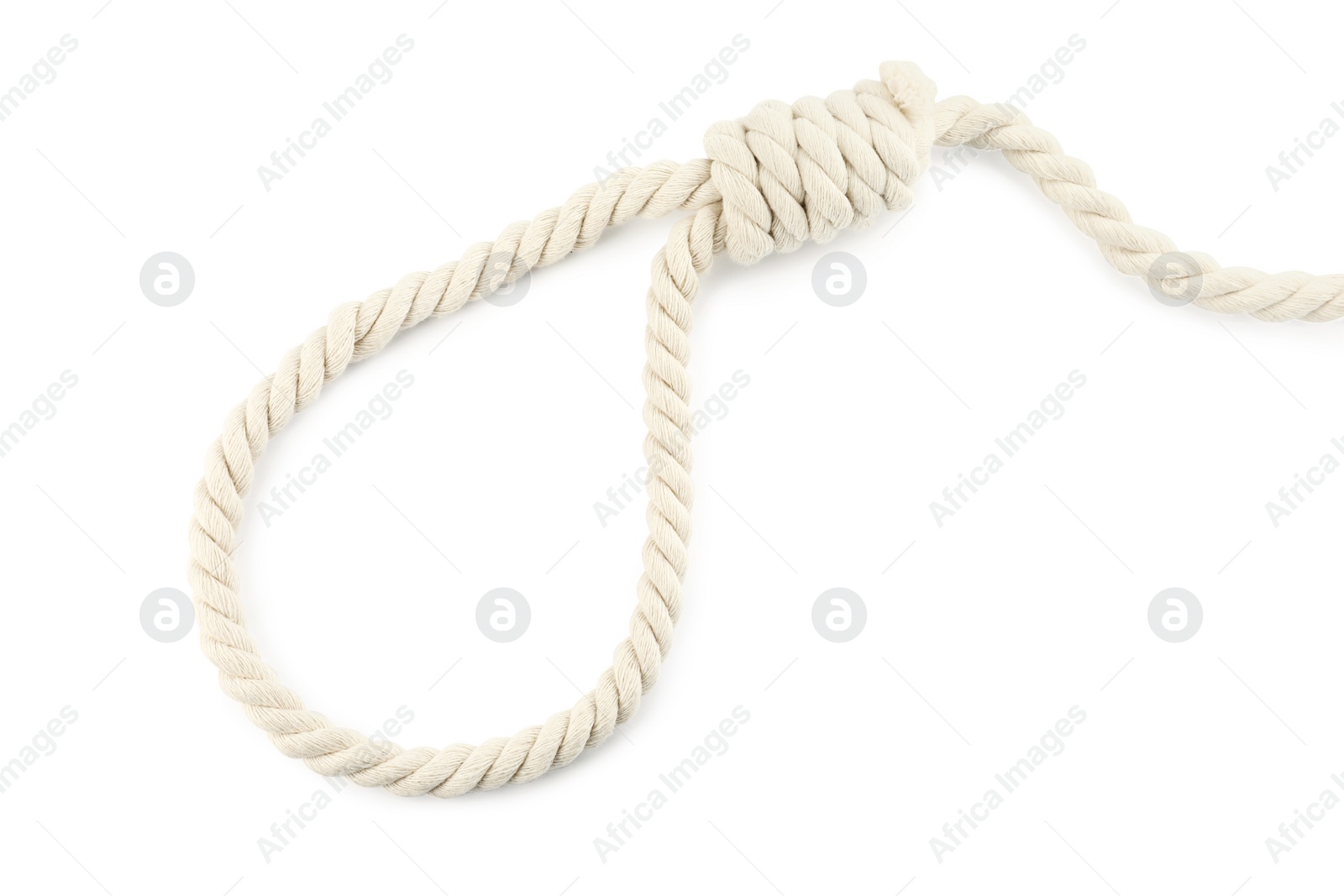 Photo of Rope noose with knot on white background, top view