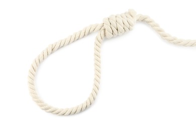 Photo of Rope noose with knot on white background, top view