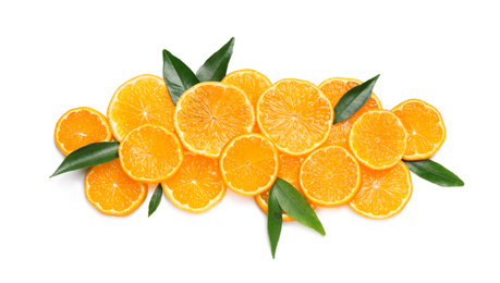 Photo of Composition with slices of fresh ripe tangerines and leaves on white background, top view. Citrus fruit