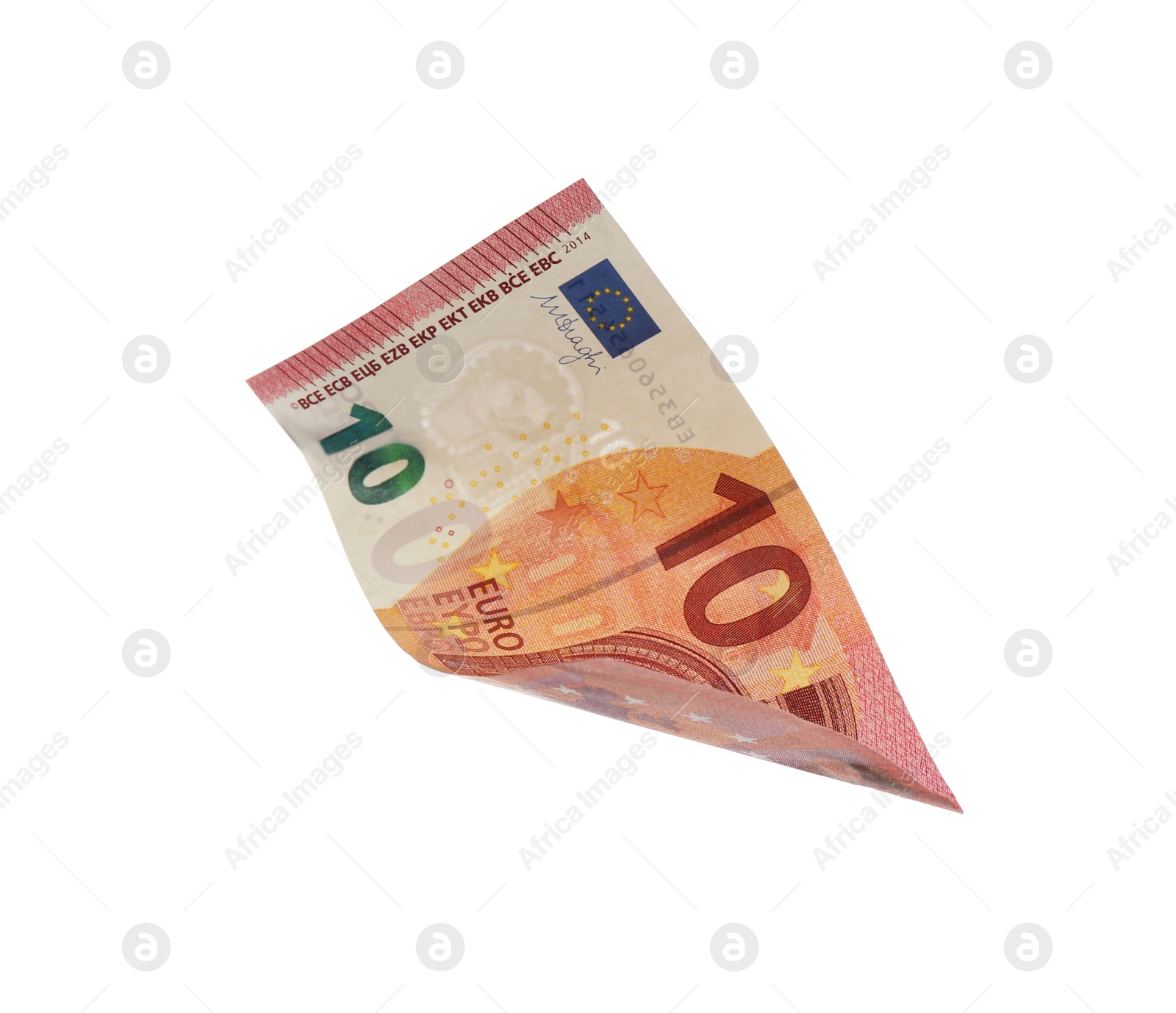 Photo of Euro banknote isolated on white. Flying money