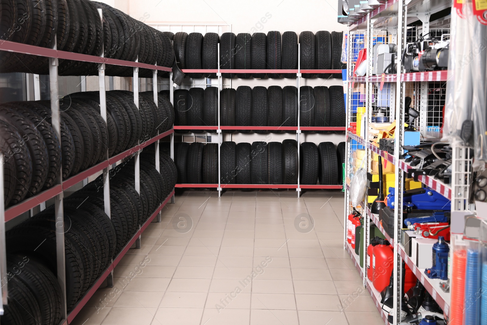 Image of Tires and car care products in auto store