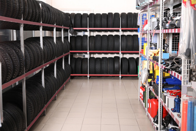 Tires and car care products in auto store