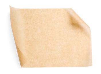 Sheet of brown baking paper on white background, top view