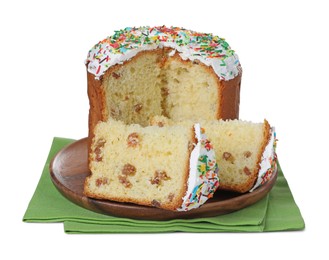Photo of Traditional Easter cake with sprinkles on white background
