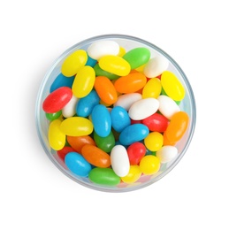 Glass of delicious color jelly beans isolated on white, top view