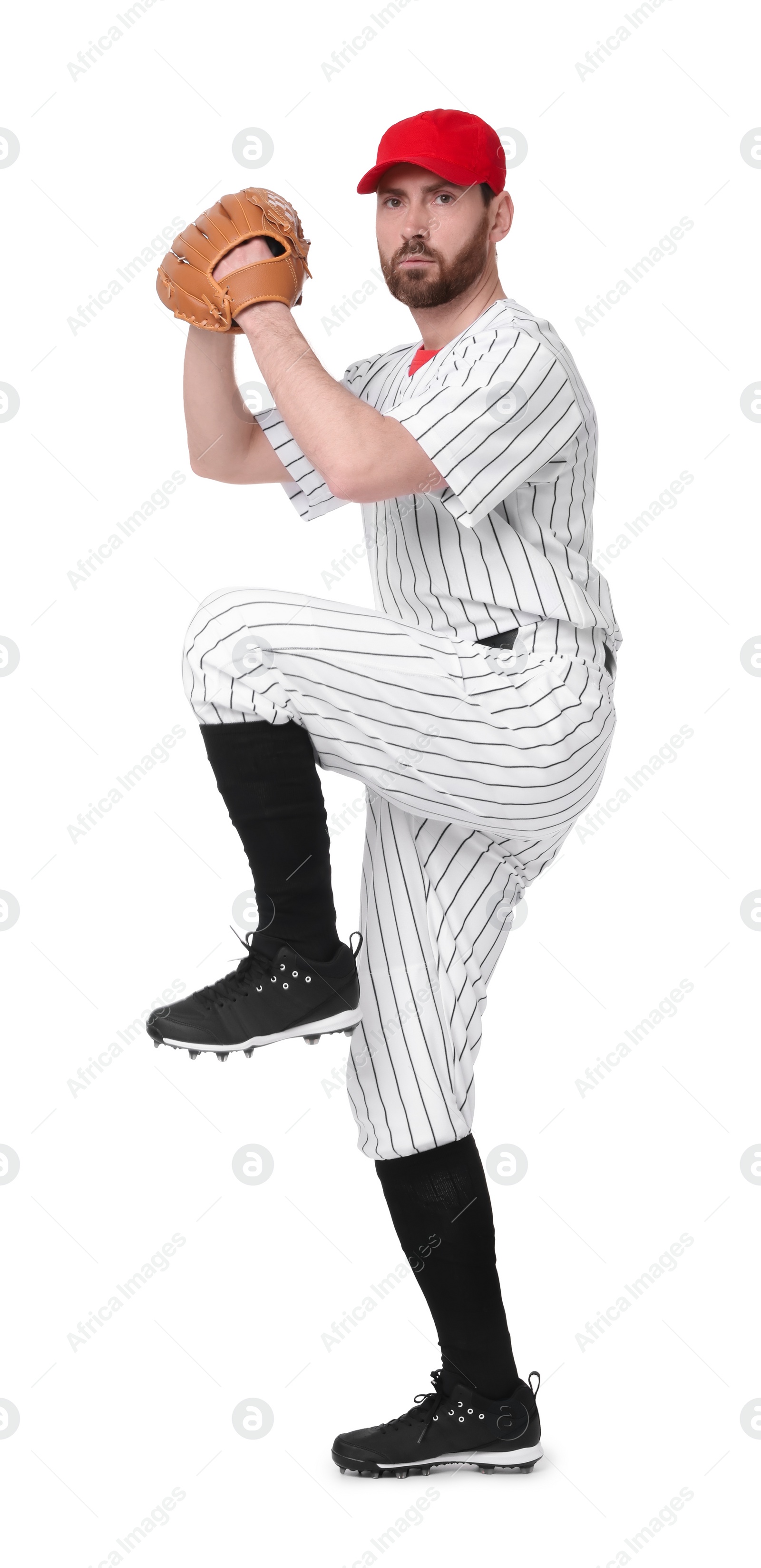 Photo of Baseball player with leather glove on white background