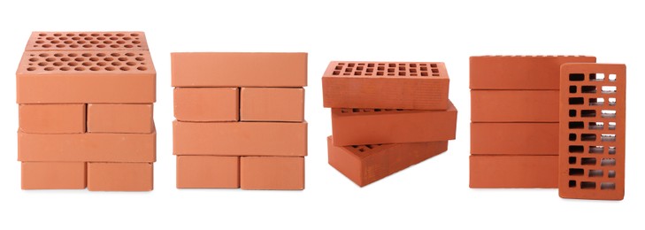 Image of Set of stacked red bricks on white background