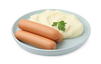 Photo of Delicious boiled sausages, mashed potato and parsley isolated on white