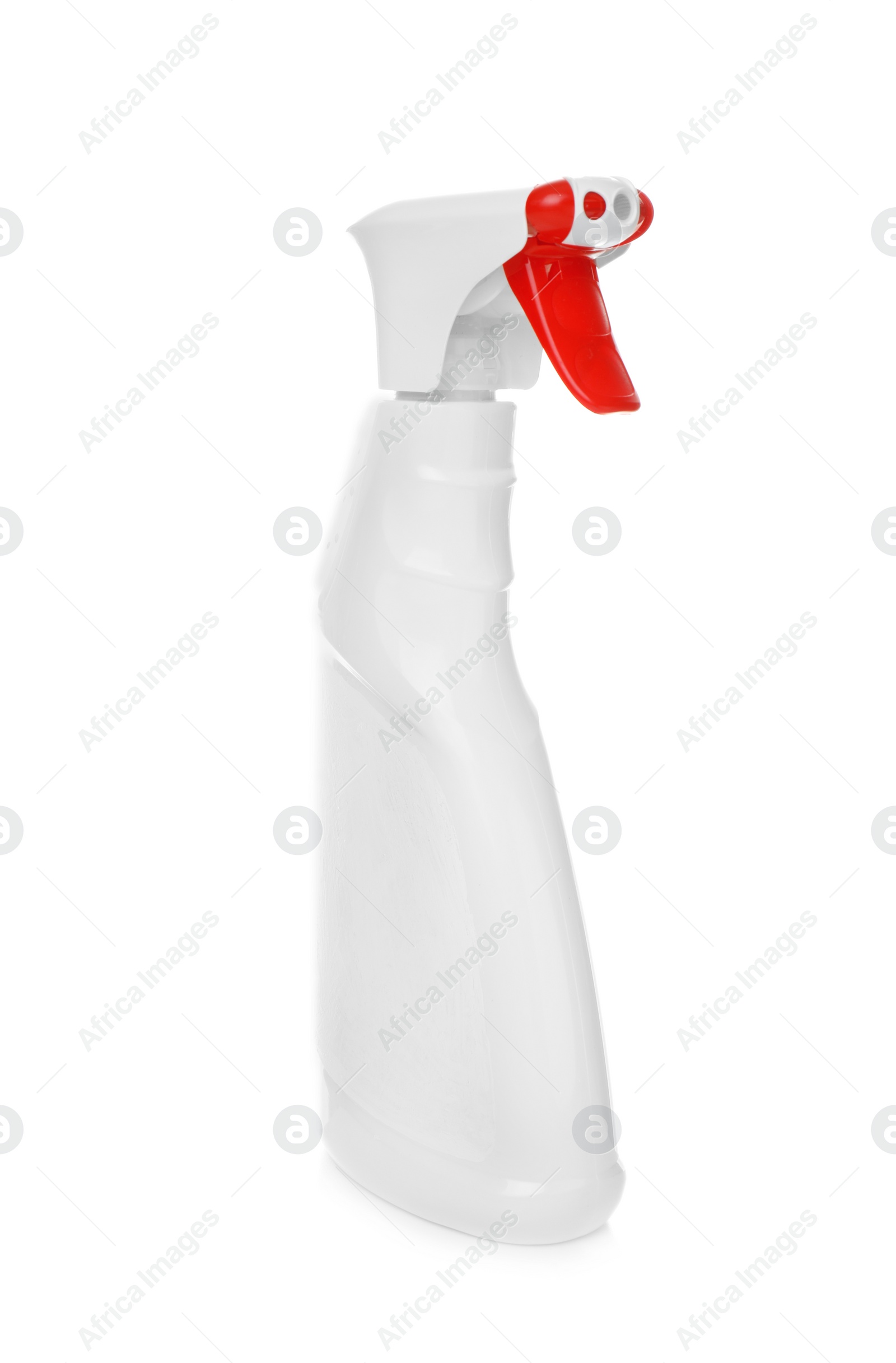 Photo of Spray bottle with detergent on white background. Cleaning supplies