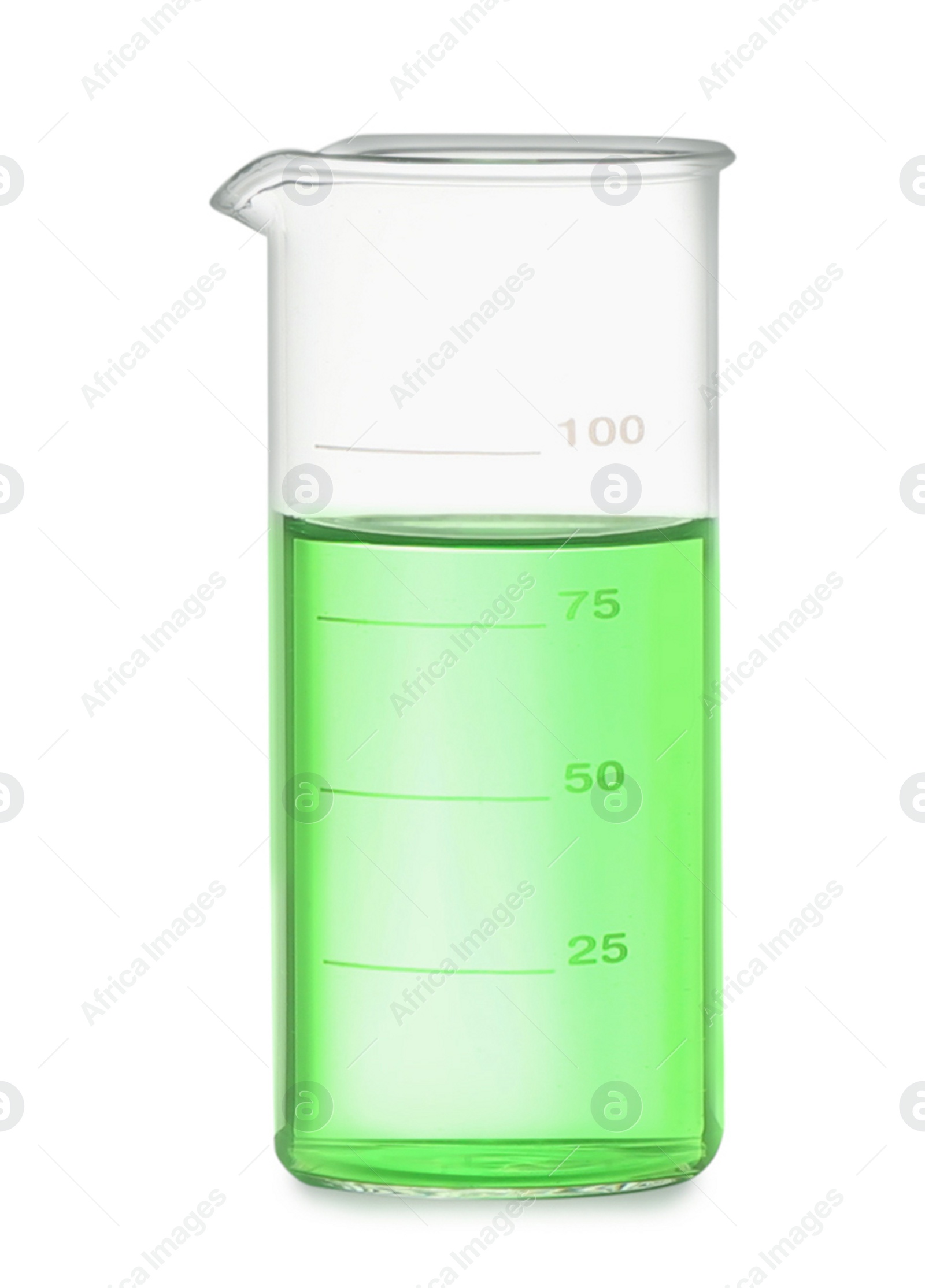 Photo of Beaker with light green liquid isolated on white