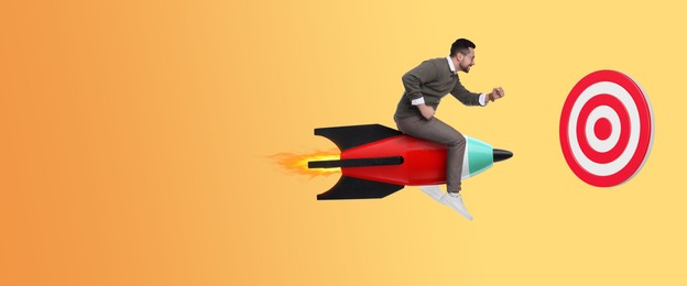 Image of Target achievement. Businessman flying on rocket to dartboard on gradient color background, space for text. Banner design