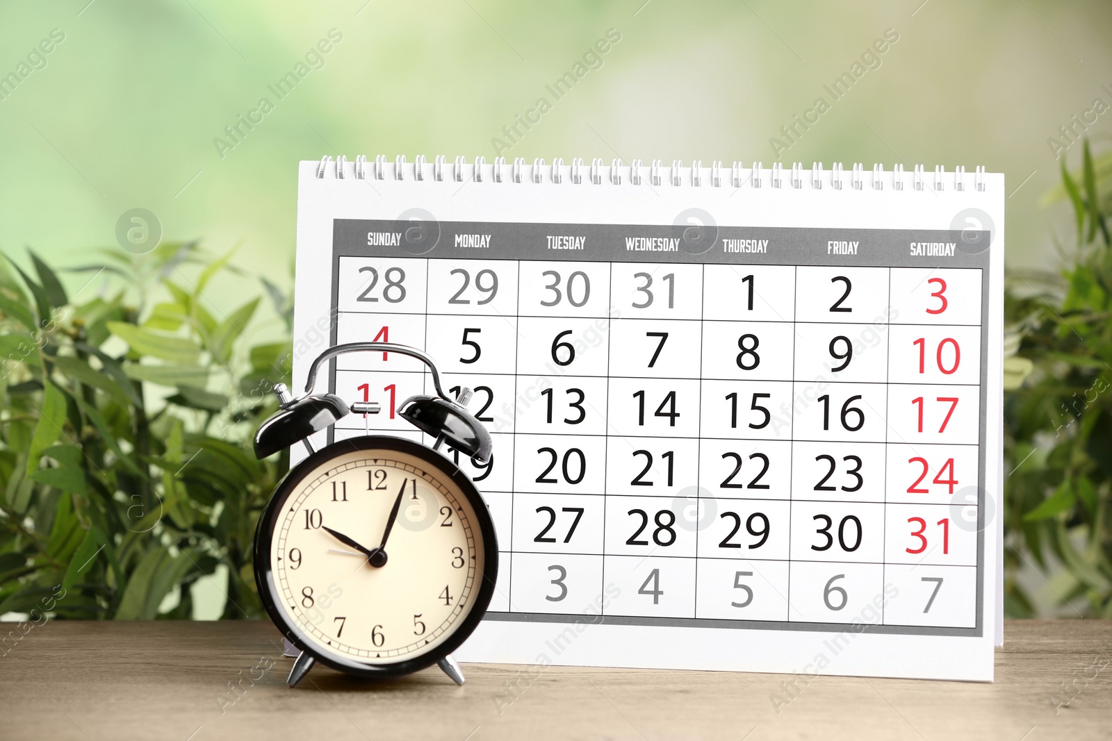 Photo of Calendar and alarm clock on wooden table against blurred green background