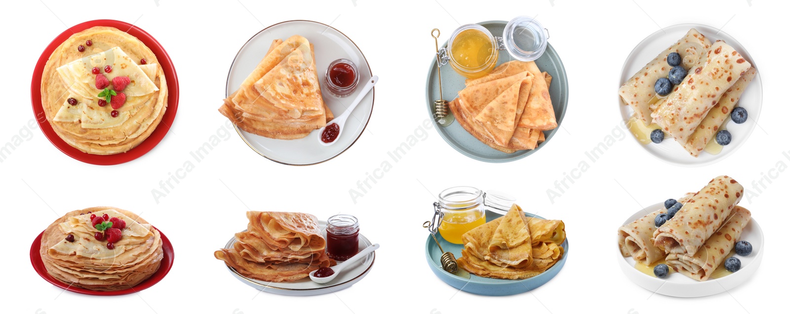 Image of Set of delicious crepes with berries, jam and honey on white background. Banner design