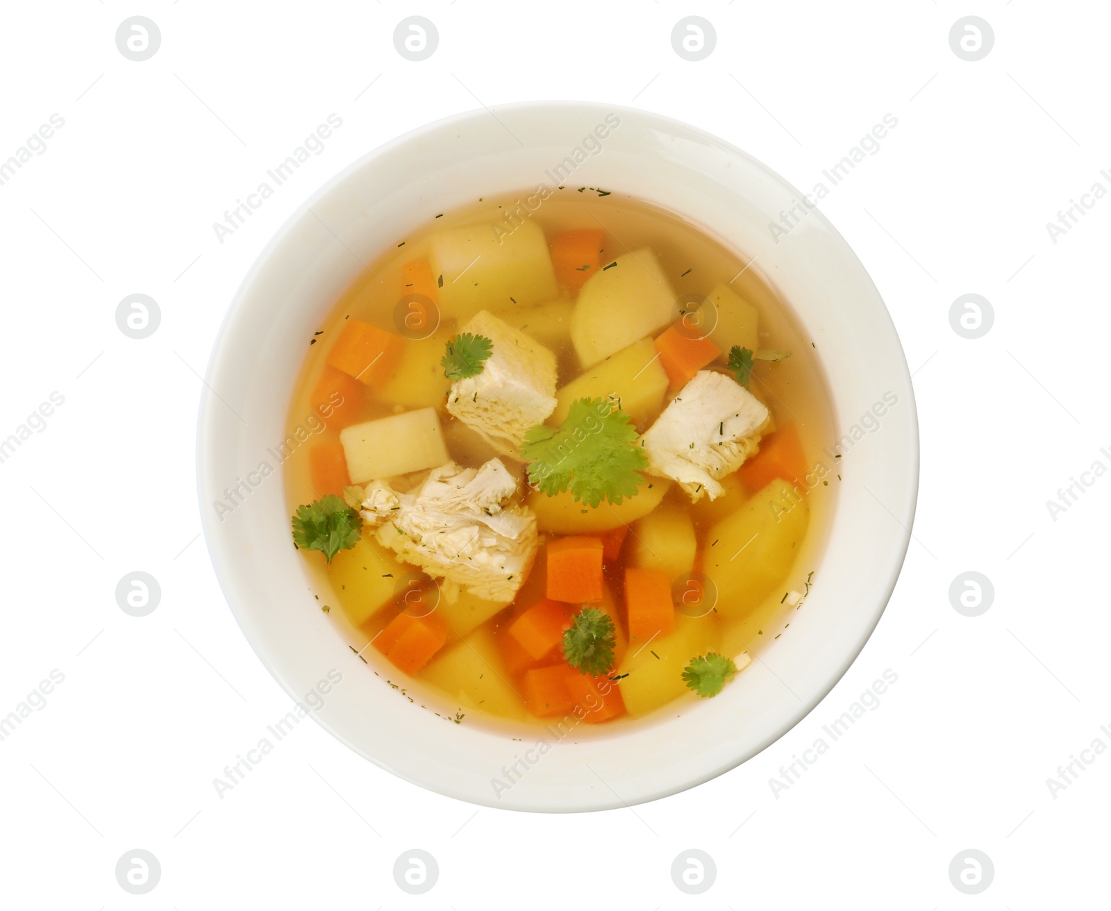 Photo of Dish with fresh homemade chicken soup on white background, top view