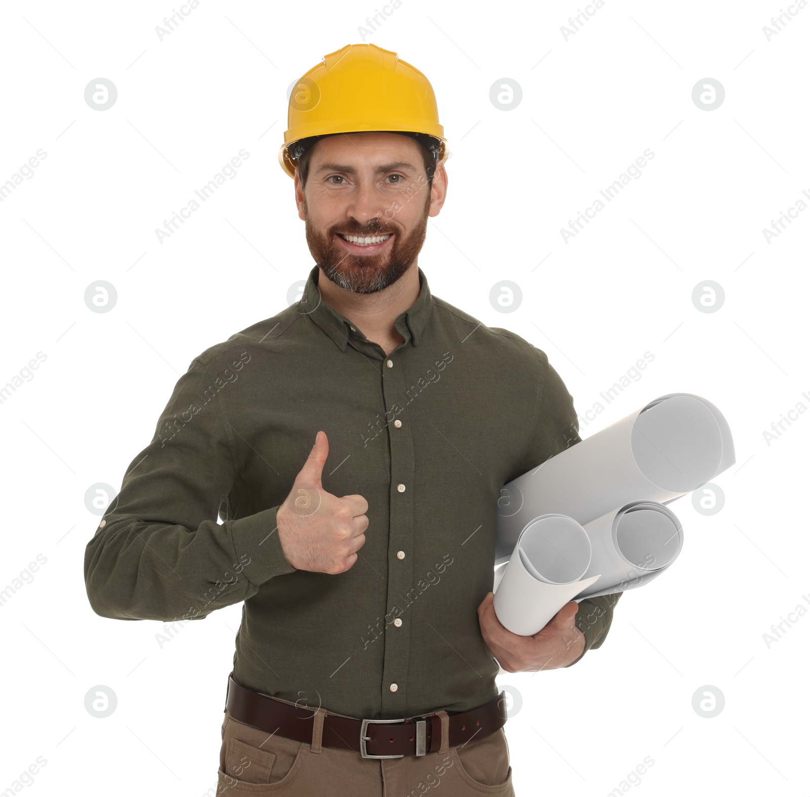 Photo of Architect in hard hat with drafts showing thumbs up on white background