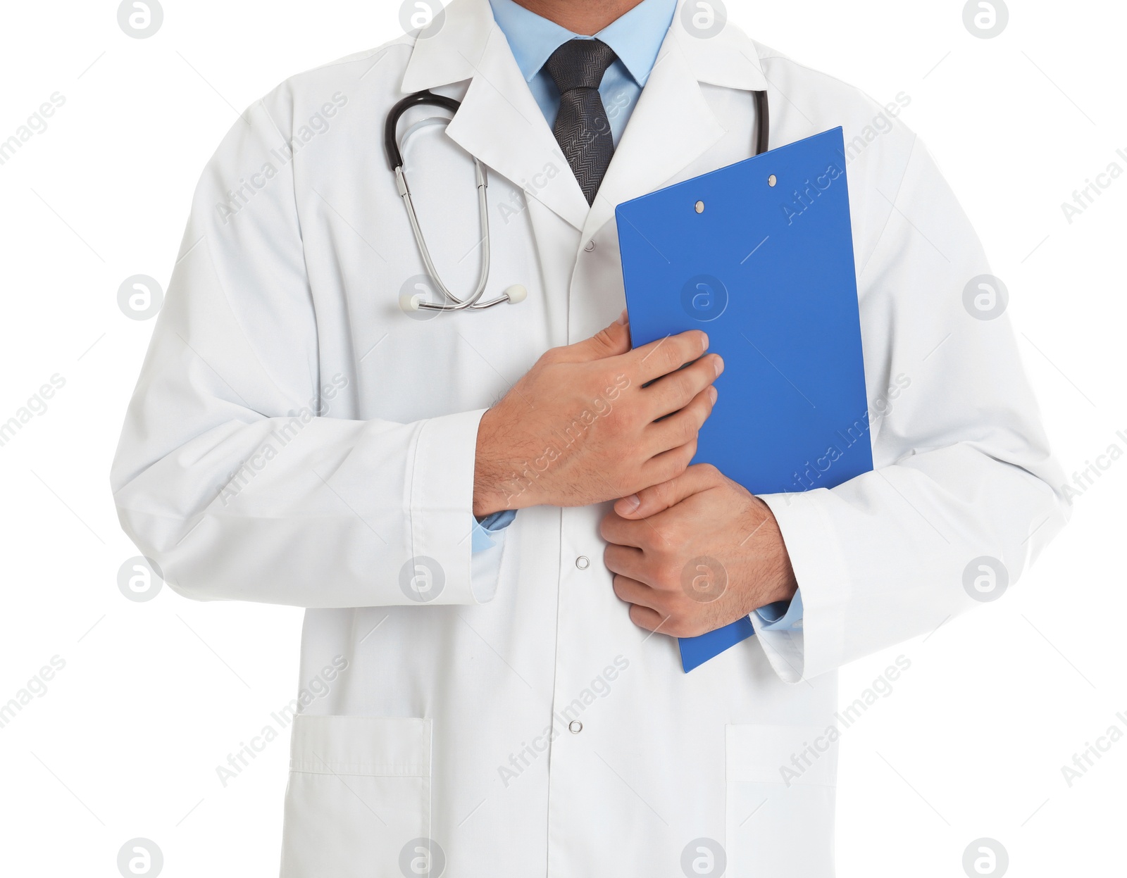 Photo of Doctor with clipboard on white background, closeup