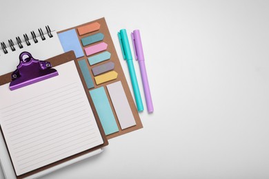 Photo of To do notes, notebook and stationery on white background, flat lay with space for text. Planning concept