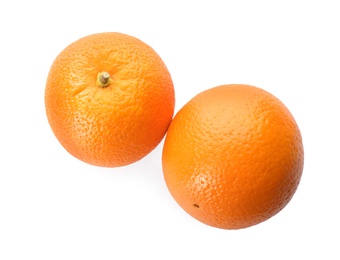 Delicious fresh ripe oranges on white background, top view