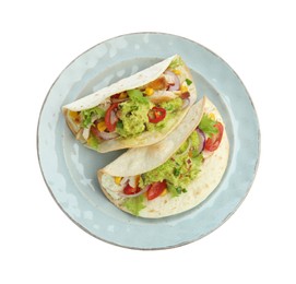 Photo of Delicious tacos with guacamole, meat and vegetables isolated on white, top view