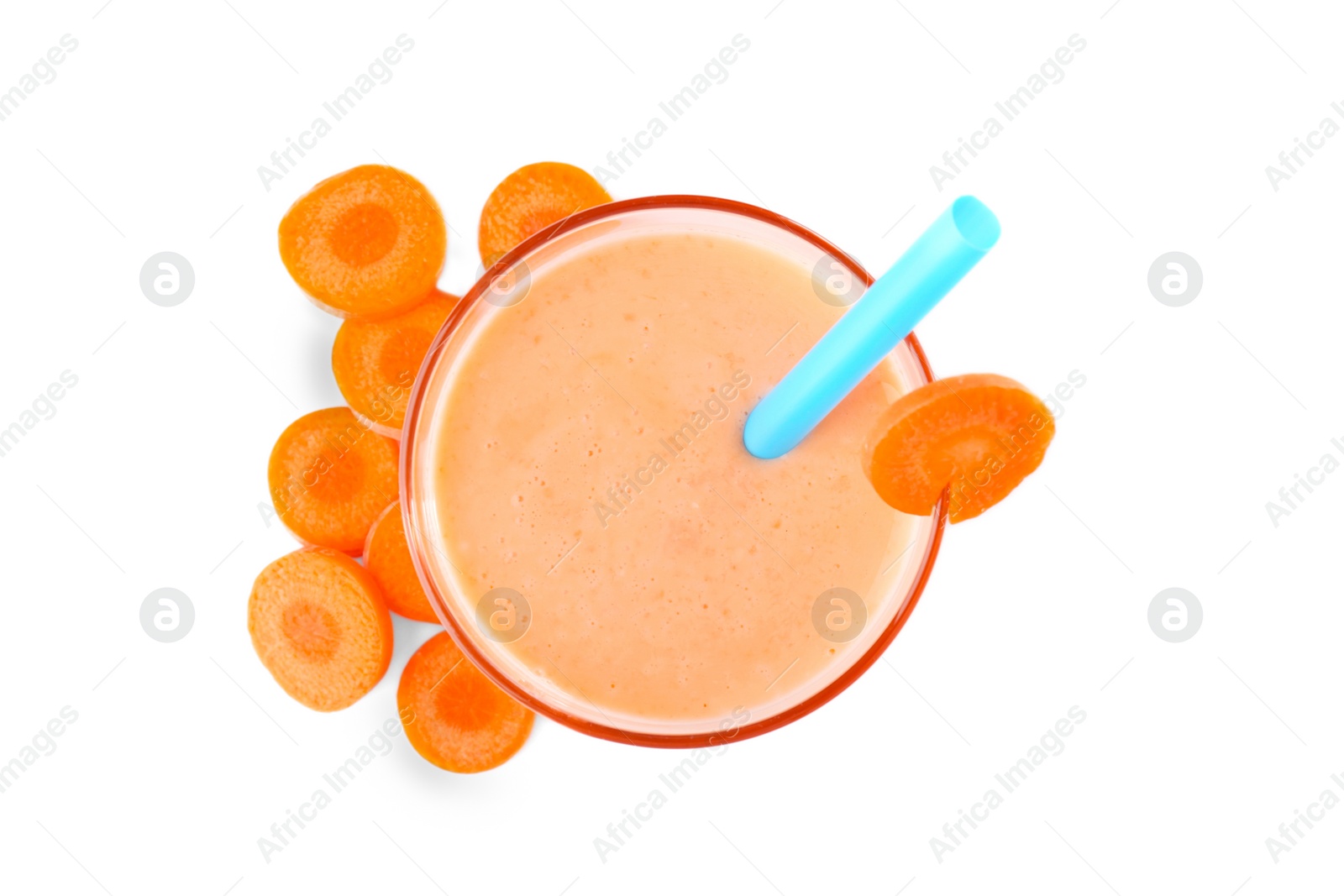 Photo of Glass with delicious detox smoothie on white background, top view