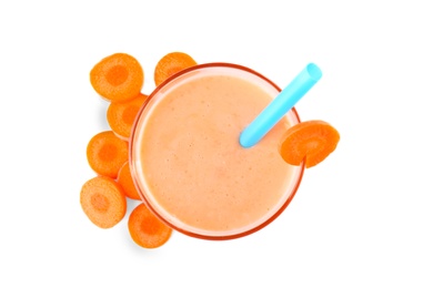 Photo of Glass with delicious detox smoothie on white background, top view