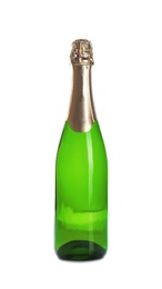 Photo of Bottle of champagne on white background. Festive drink