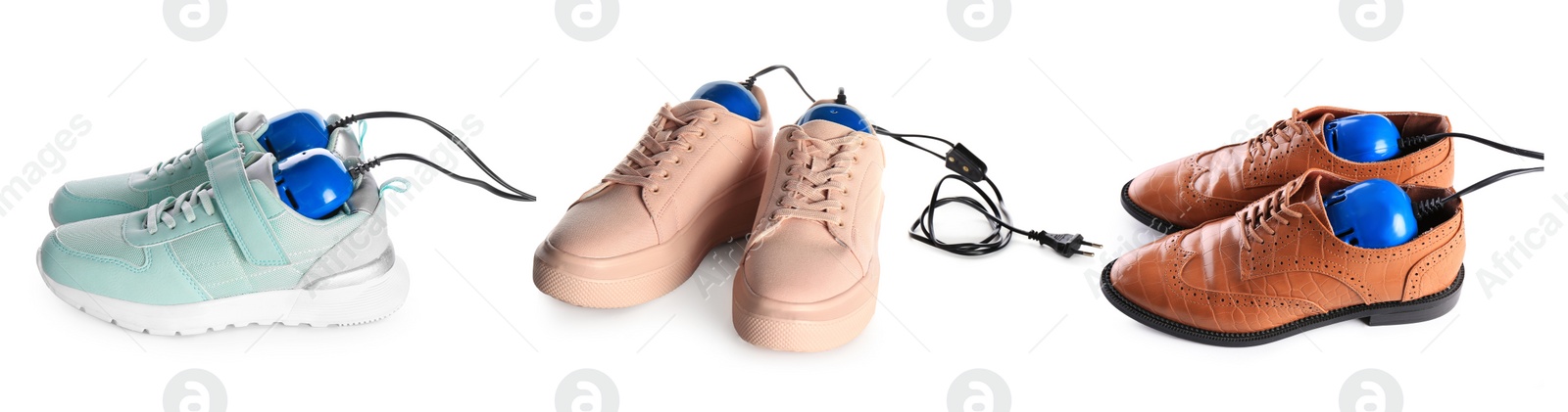 Image of DIfferent stylish footwear with electric shoe dryers on white background, collage. Banner design