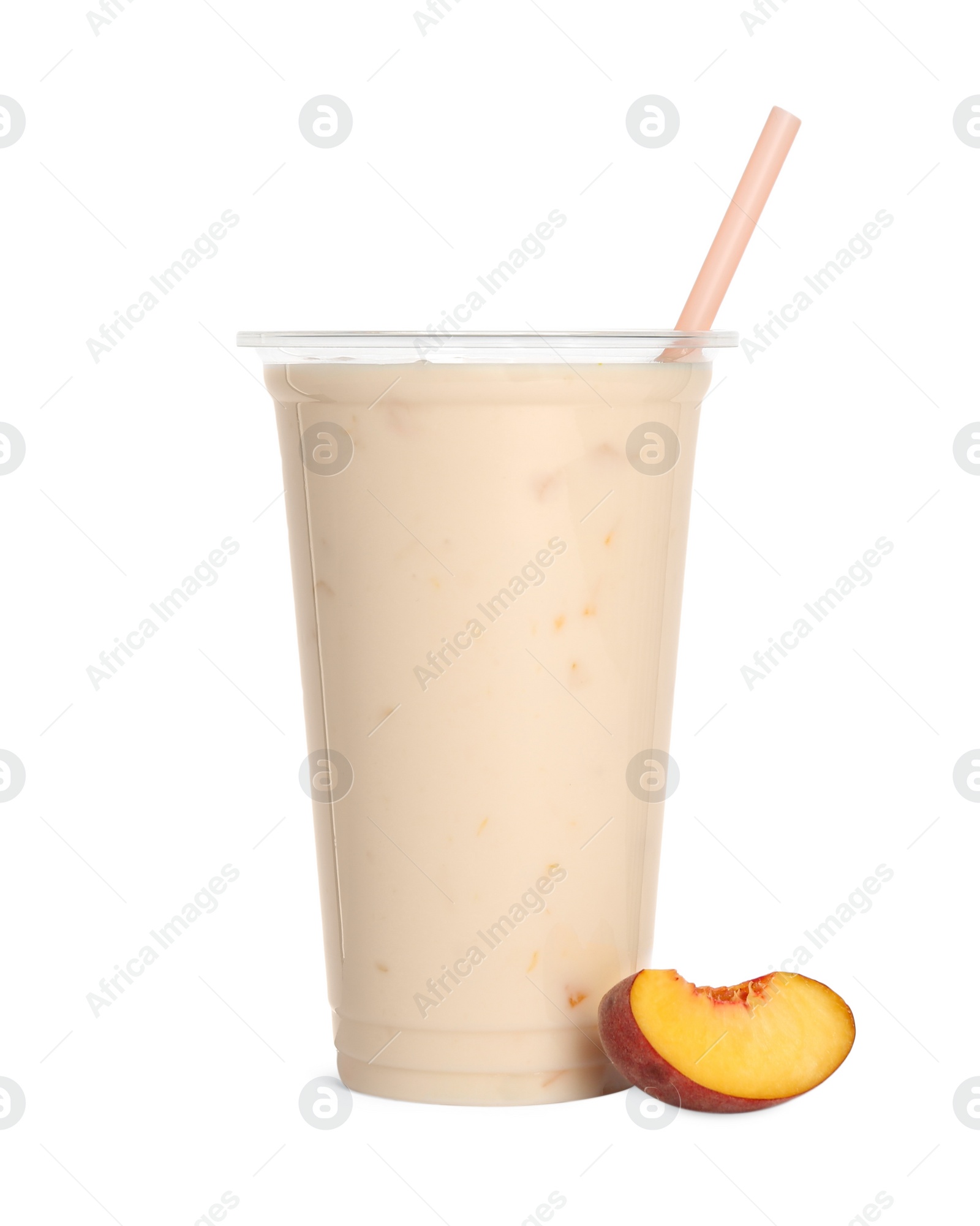 Photo of Plastic cup of tasty smoothie and fresh peach isolated on white